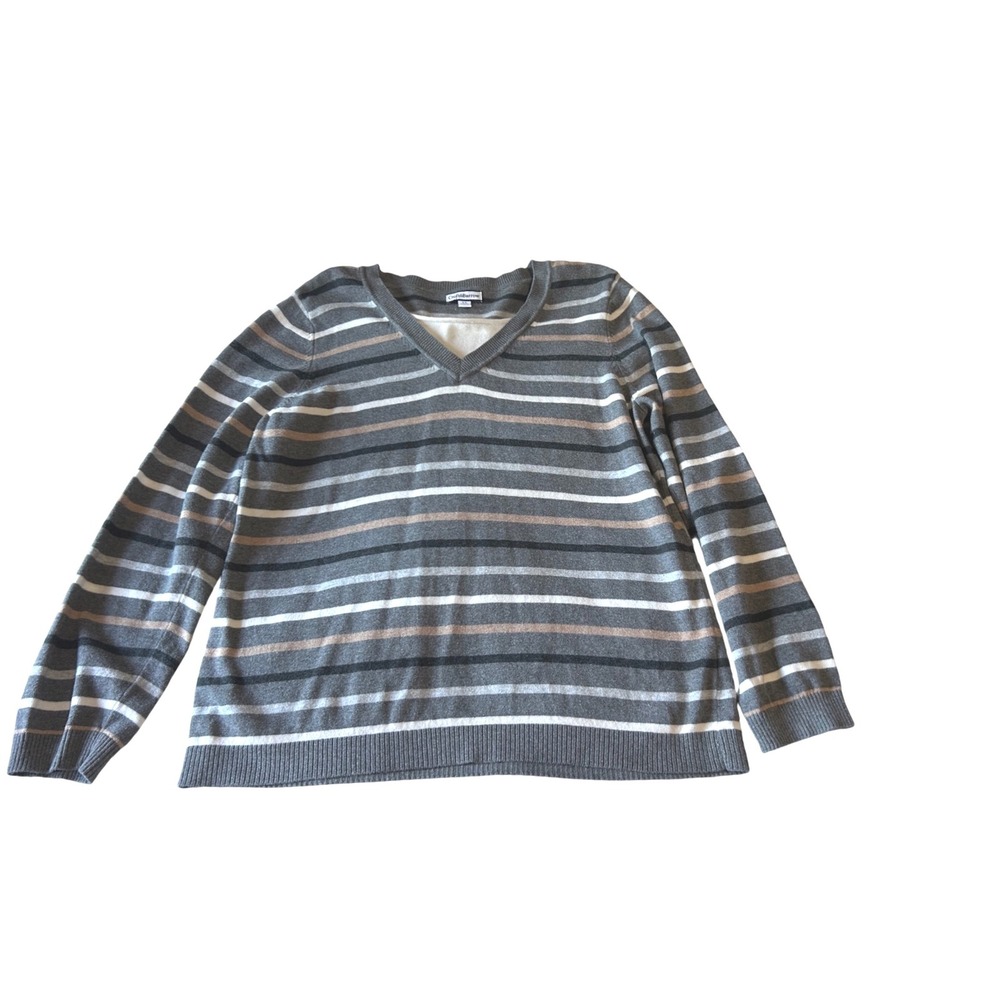 Croft‎ & Barrow Womens XL V-Neck Striped Long Sleeve Sweater Gray Taupe White